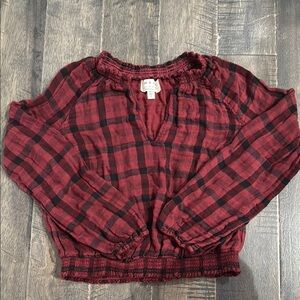Anthropologie Red and Black Ruched Long Sleeve Blouse